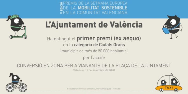 La conversió en zona de vianants de la plaça de l’Ajuntament gana el premi de la Setmana Europea de la Mobilitat Sostenible en la Comunitat Valenciana