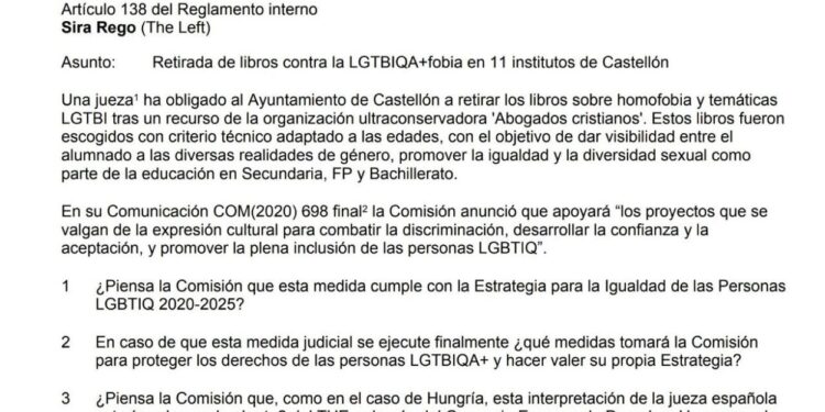 Esquerra Unida porta a Europa la retirada dels llibres LGTBI+ als col·legis de Castelló